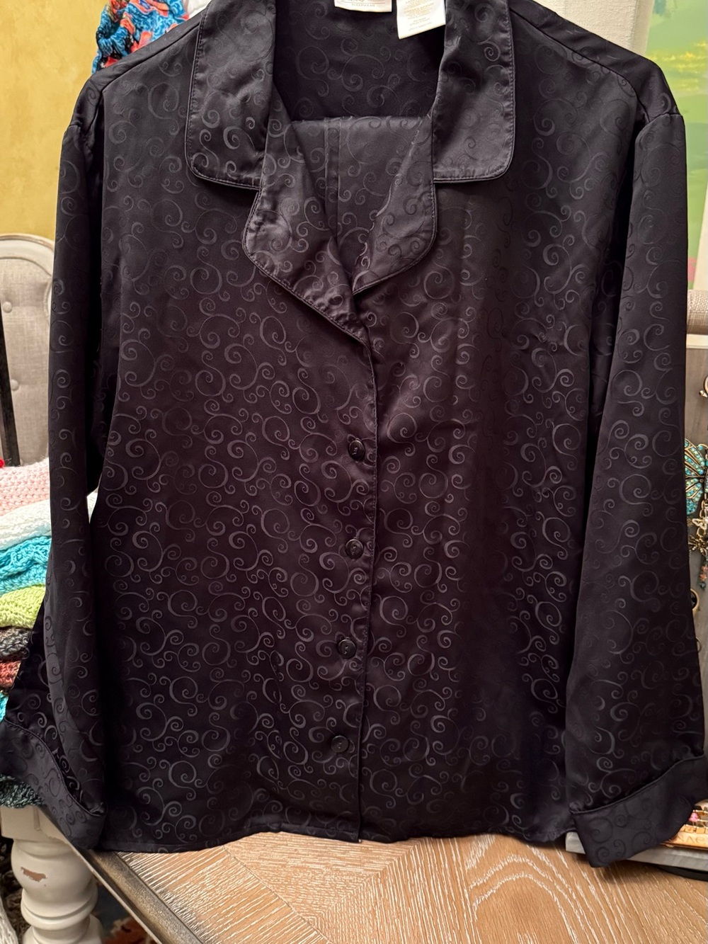 Secret Treasures Black Satin Button-Front Pajams Set Top and Pant Bottoms